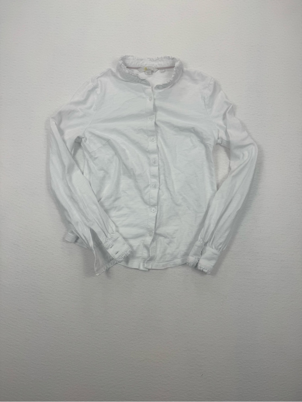 Boden White Ruffle High Neck Button Down Slub Cotton Top 2R
